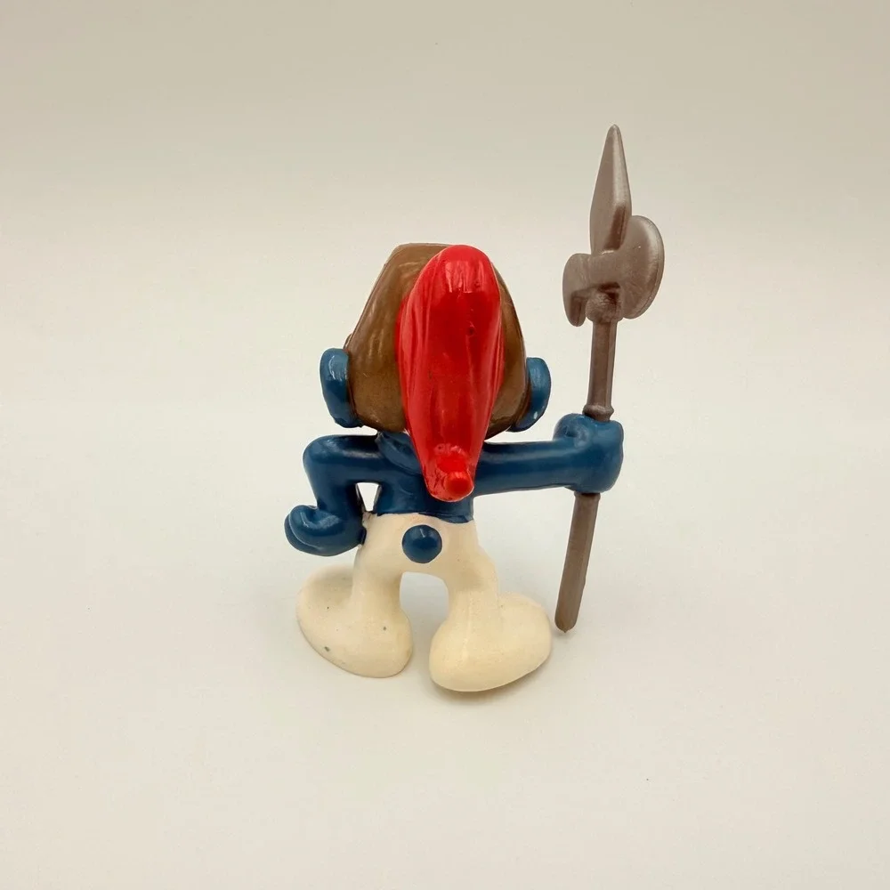 Vintage Peyo Bully Warrior Smurf Figure W Germany Halberd Helmet Red Plume